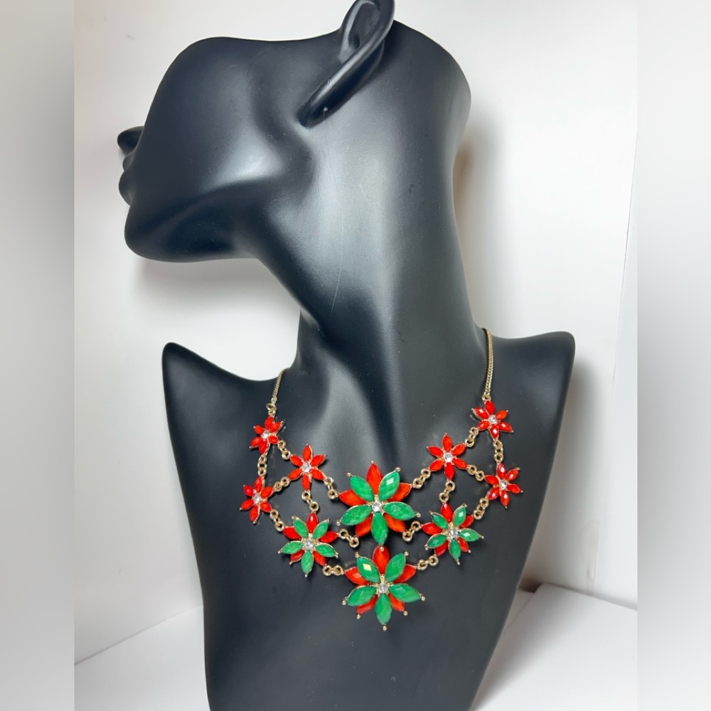 Festive Red and Green Floral Statement Necklace